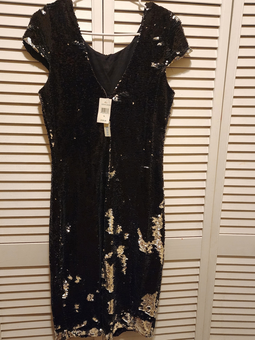 Black & Gold Sequin Midi Dress with V-Neck